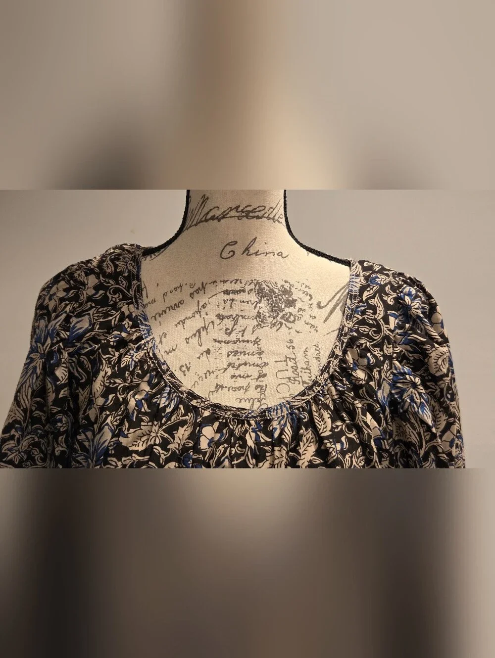 Madewell Floral Puff-Sleeve Peasant Top in Brown and Blue,Suze XL - Picture 7 of 16